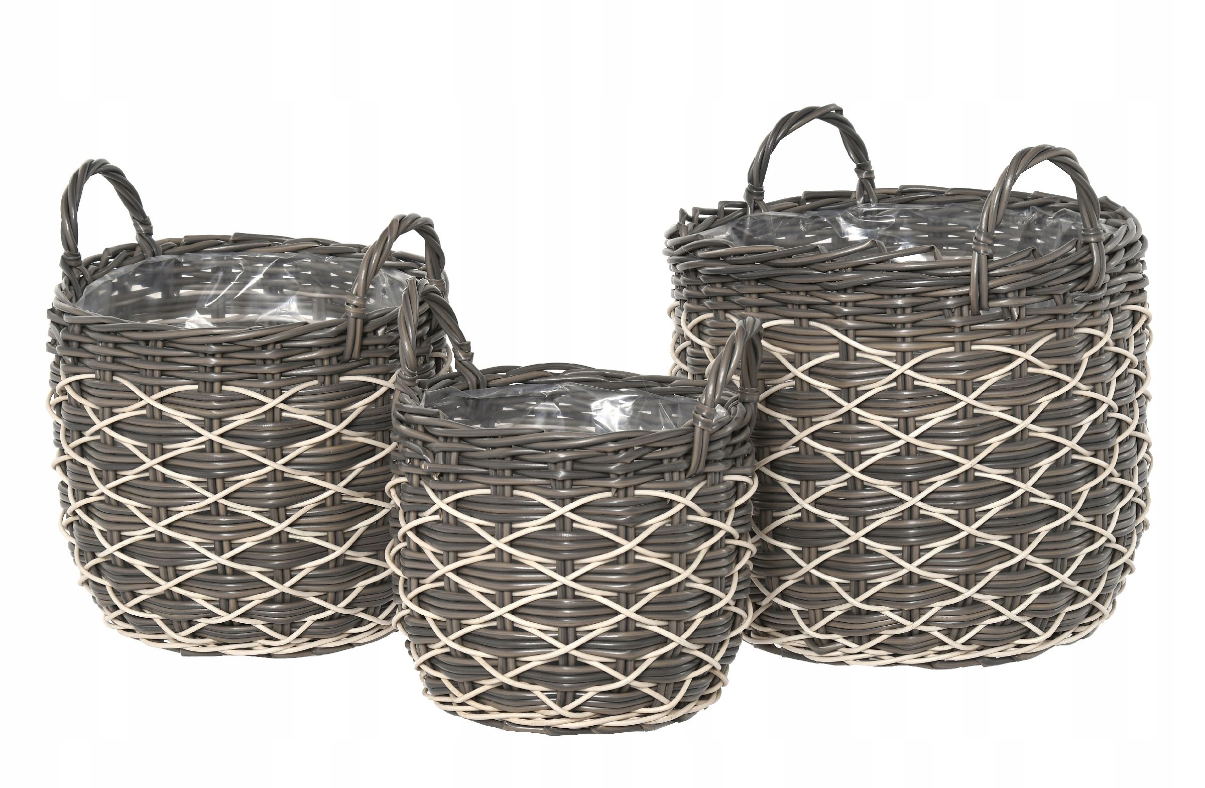 Zestaw 3 donic koszy ogrodowych z technorattanu szare białe