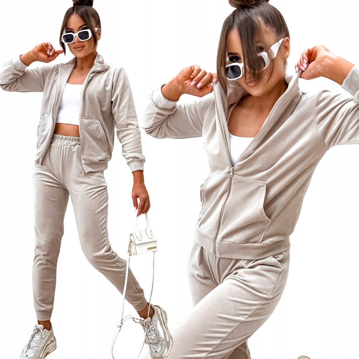Velurový teplákovka dámský mikina na zip kalhoty Béžový model 771 L/XL