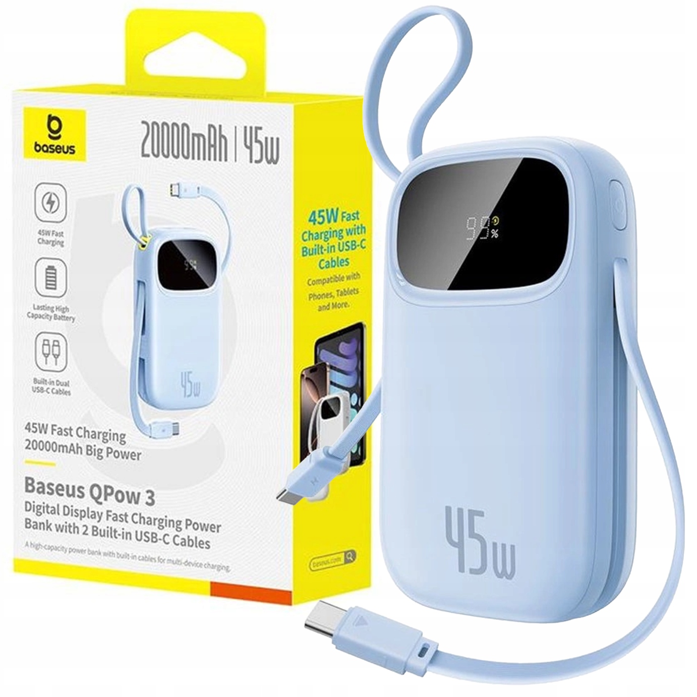 Rychlá Powerbanka Baseus 20000 mAh 45W Usb-c Usb-a Kabel Usb-c Lightning