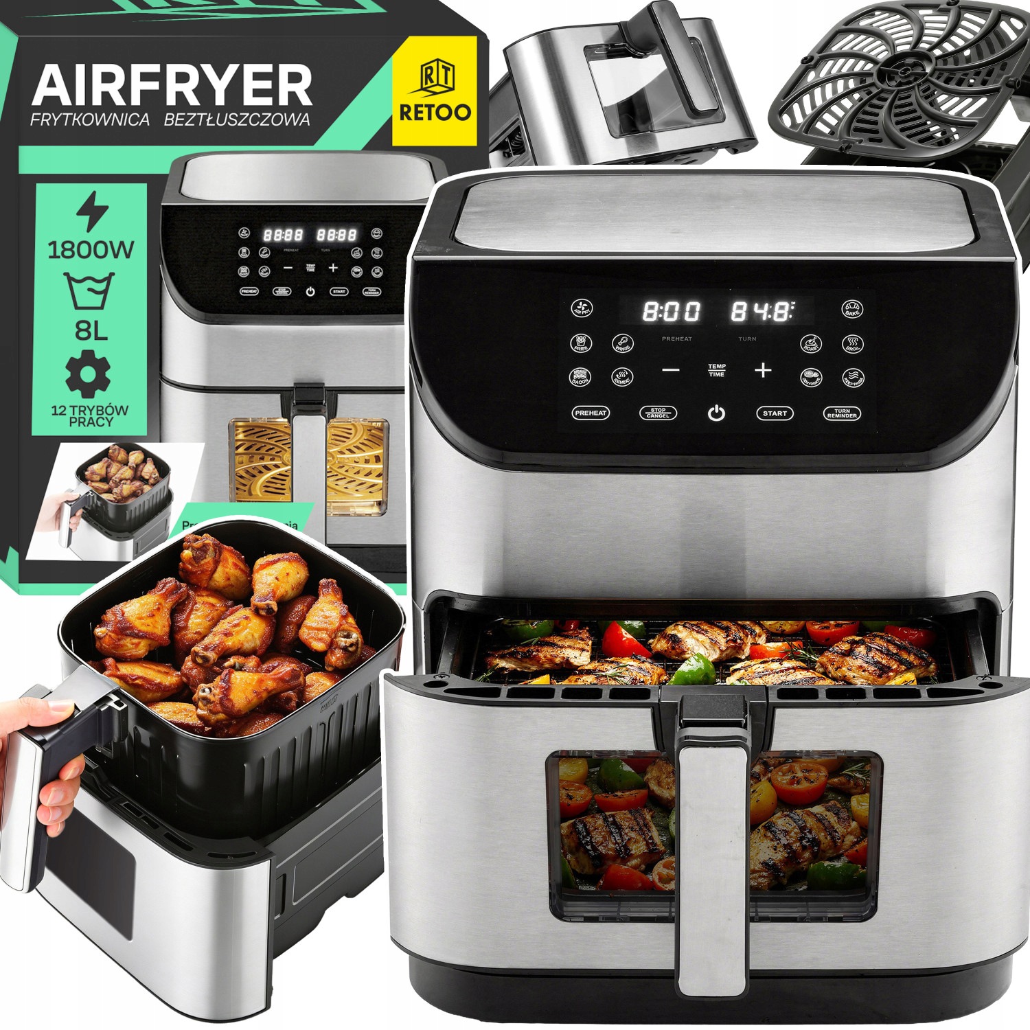 Beztuková Fritéza Air Fryer Fritéza Velká Mísa 8 L XL Výkonná 1800 W