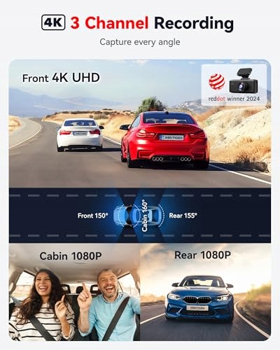 REDTIGER Kamera Samochodowa 4K 3-Kanałowa GPS WiFi 64GB IR Nocny Tryb — miniatura 2