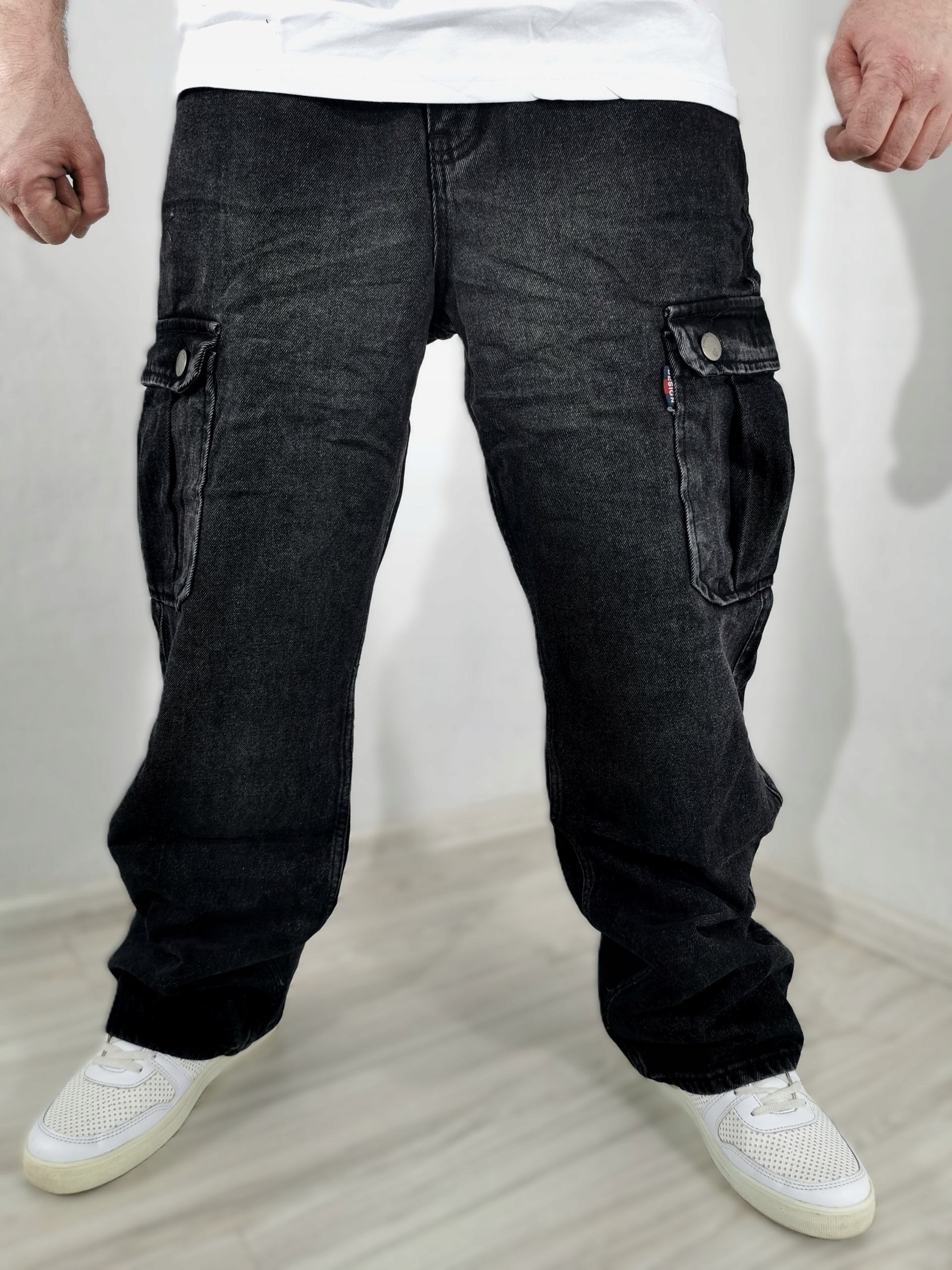 Pánské džínové kalhoty kapsáče cargo černé stírané široká nohavička baggy 33