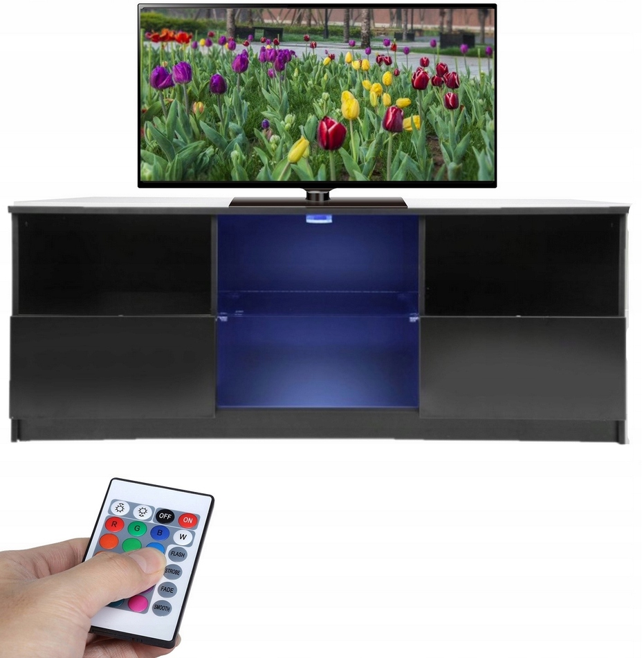 SZAFKA RTV STOLIK KOMODA LED POD TELEWIZOR 120cm LOFT SZUFLADY CZARNA PILOT