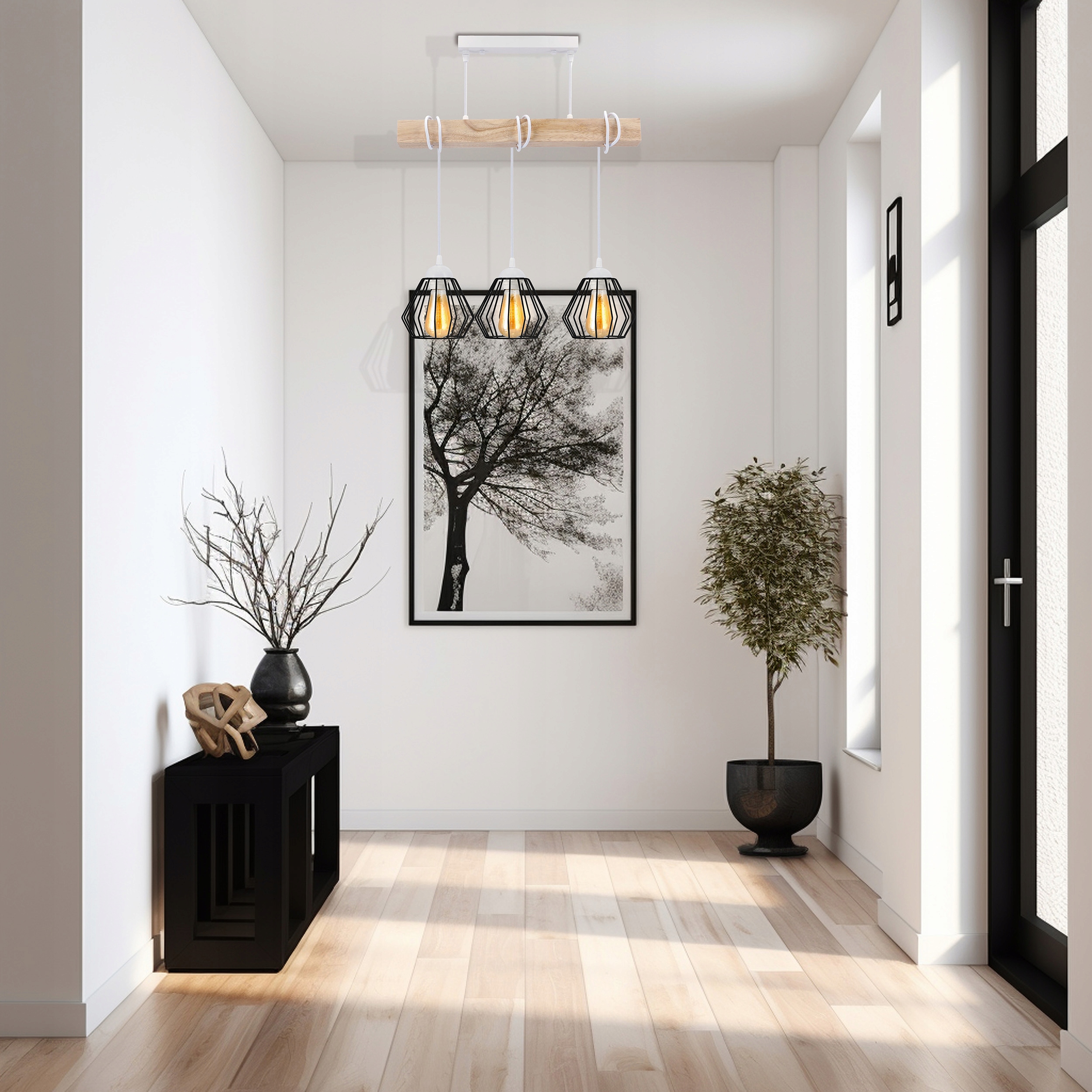 Závěsné Stropní Svítidlo Led dřevěná bílá 3x E27 Lustr Loft Brilant