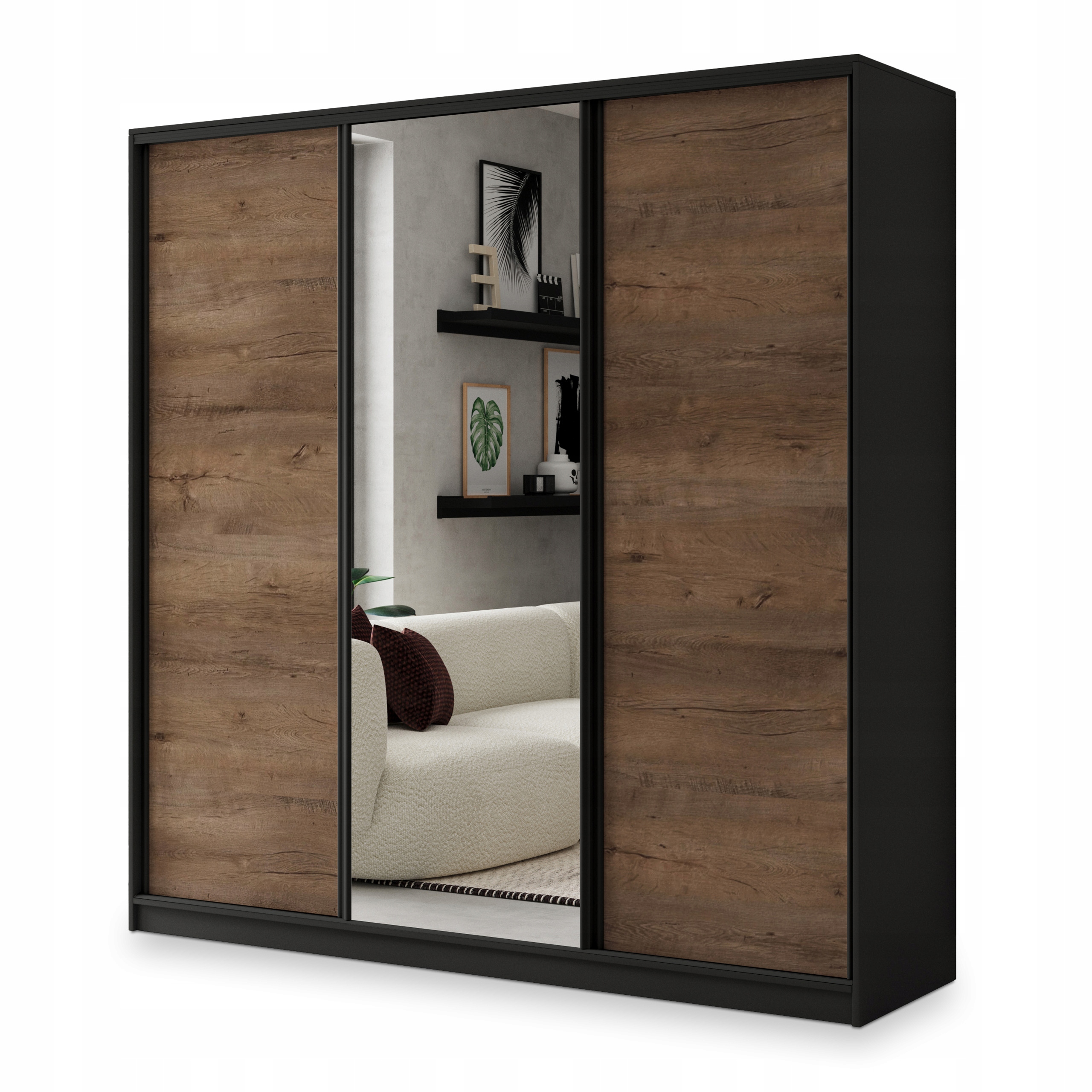 Skříň Sore 200 cm se zrcadlem Zásuvky Police Černá Dub Lefkas