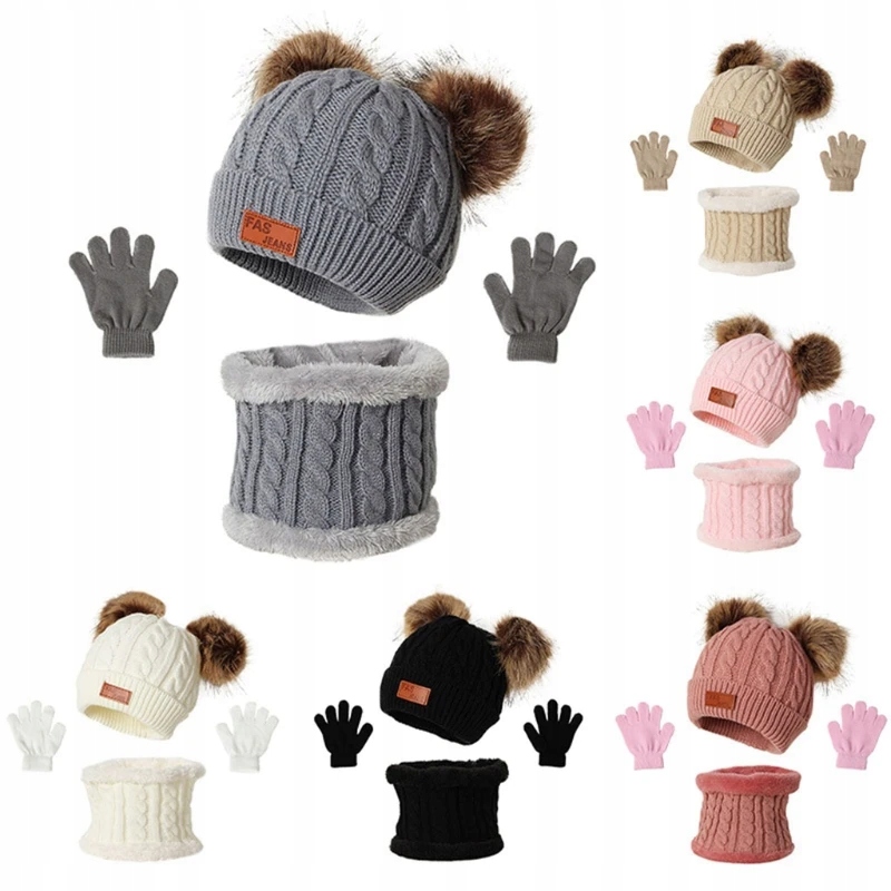 RIRI 3 Pcs Winter Warm Baby Solid Color Woolen Hat Gloves Scarf Set Double Marka Inna marka