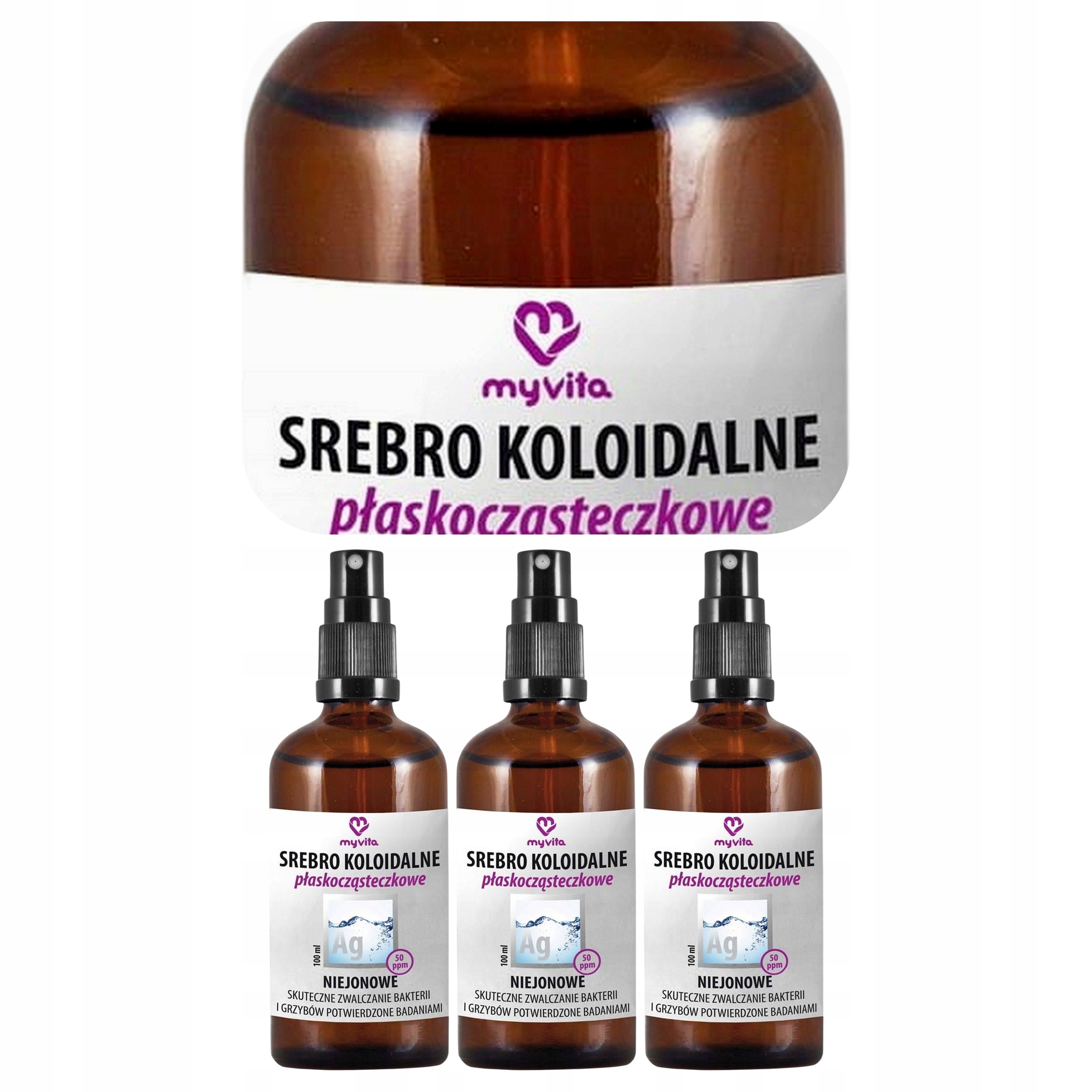 3x Myvita Srebro Koloidalne Niejonowe 50 ppm Nanocząsteczki Płaskie 100 ml