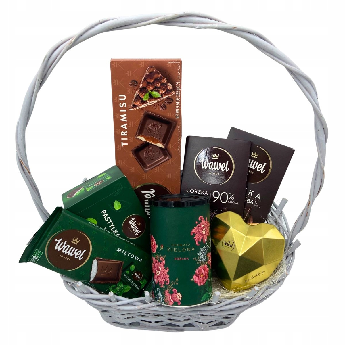 Kosz Prezentowy Zestaw Herbata Cukierki Słodycze Czekolada Wawel