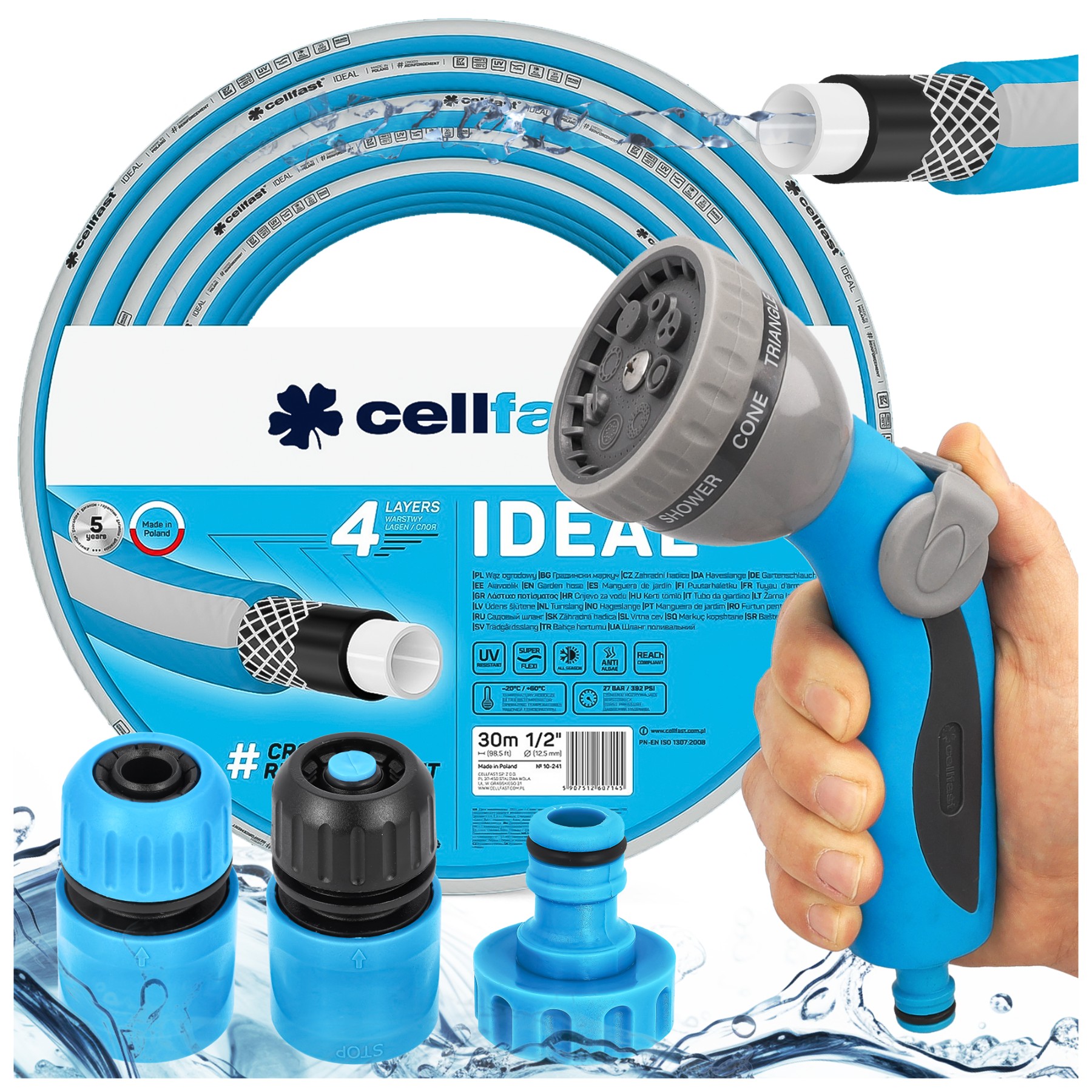 Hadice Ideal 30 m 1/2 sada zavlažovací pistole rychlospojka silná