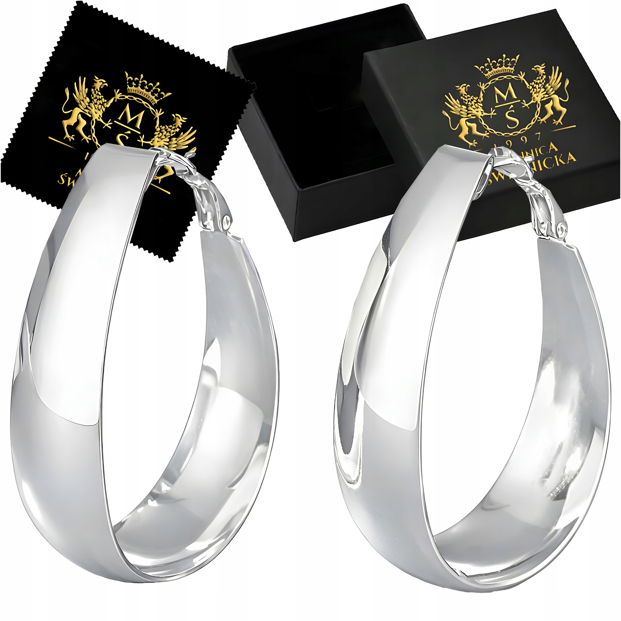 Stříbrné Náušnice 925 Široká velká kola Anglické ovály Zapínání Dárek