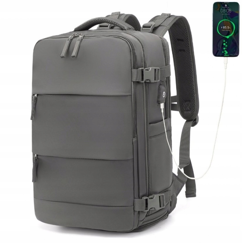 Plecak do Samolotu 40x30x20 Ryanair Podróżny Bagaż z Usb 25L szary Ikaros