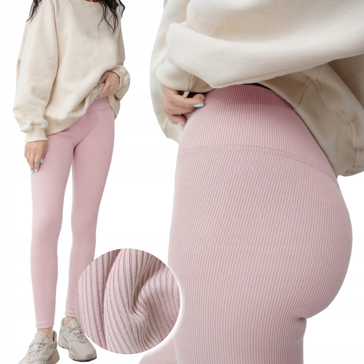 LEGGINSY MODELUJĄCE WYSOKI STAN BAWEŁNIANE W PRĄŻEK prążkowane getry