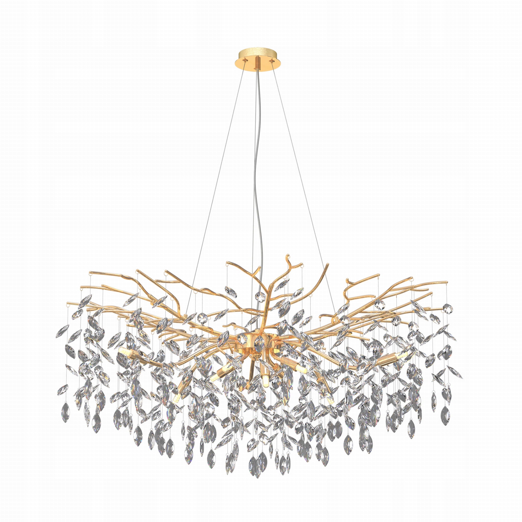 Osvětlení s dřevěným motivem a zlatými detaily nad bohatým schodištěm Cindy