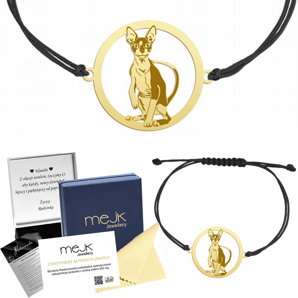 Zlatý náramek s kočkou Cornish Rex 925 Šňůrka Dárek Šperky Gravírování