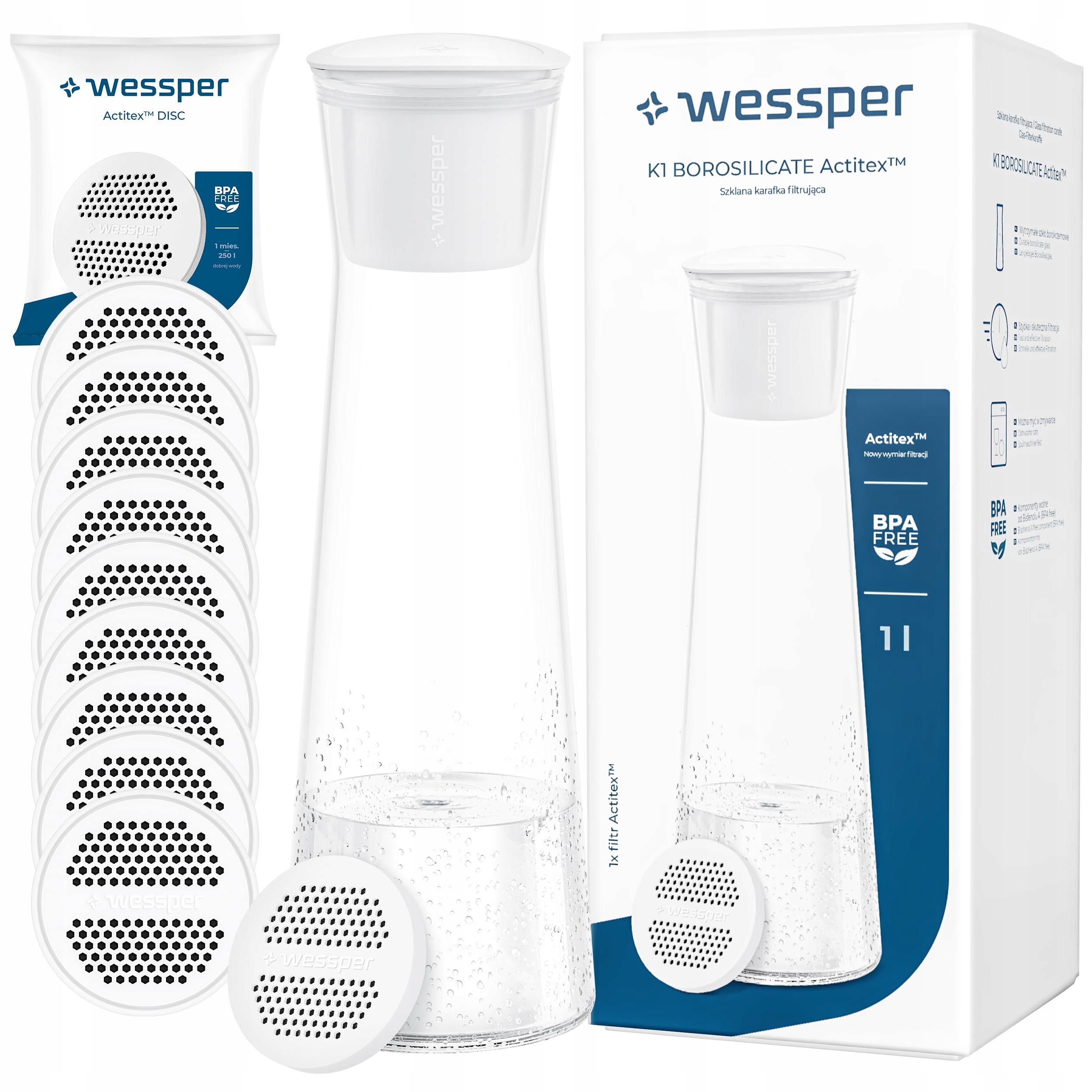 Skleněná karafa na nápoje s 10 filtry do vody Wessper K1 Borosilicate 1L