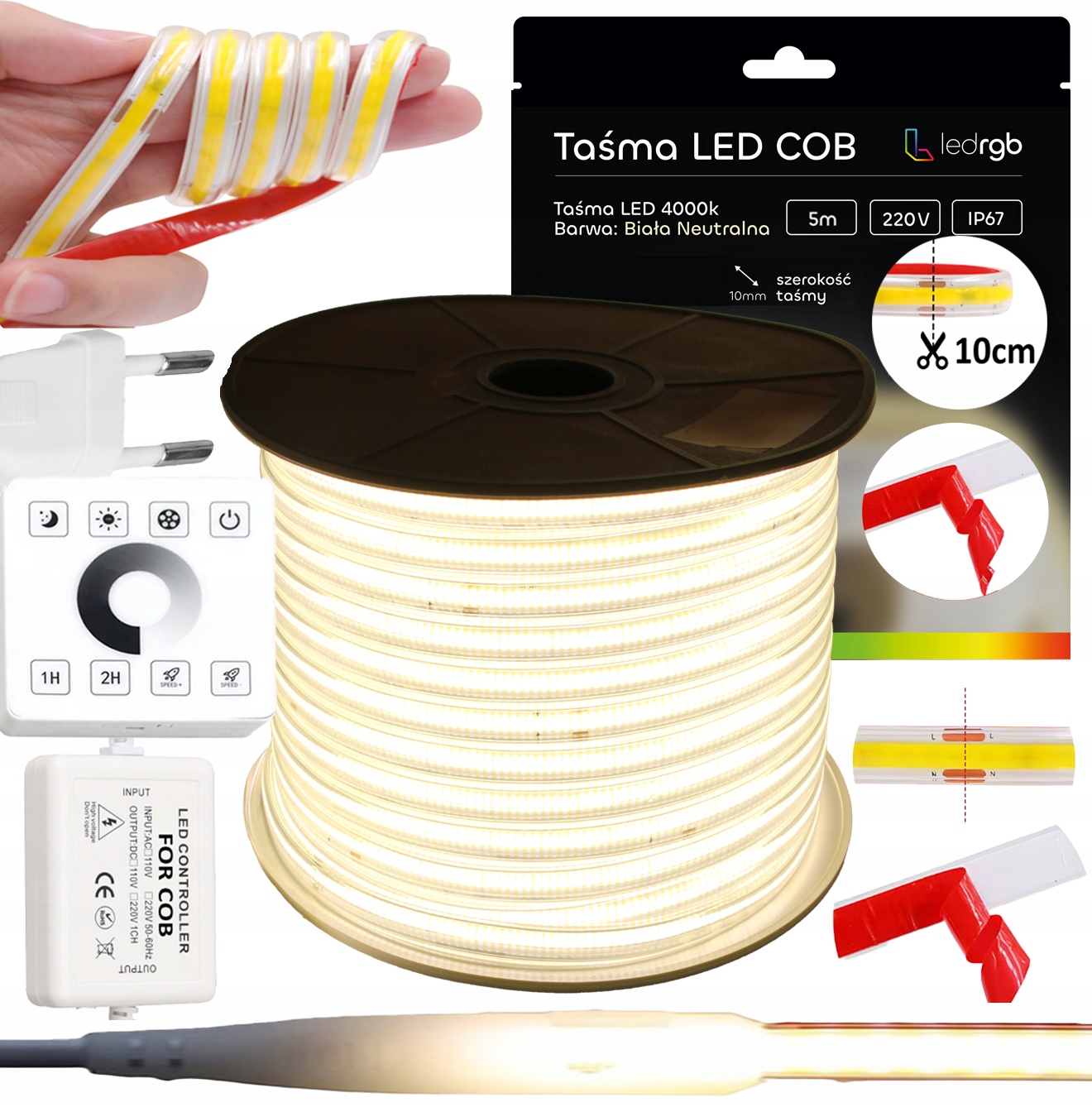 Set Led Páska Cob 5 m 230V Bílá Neutrální 4000K 10CM Řezání Dálkový Ovladač
