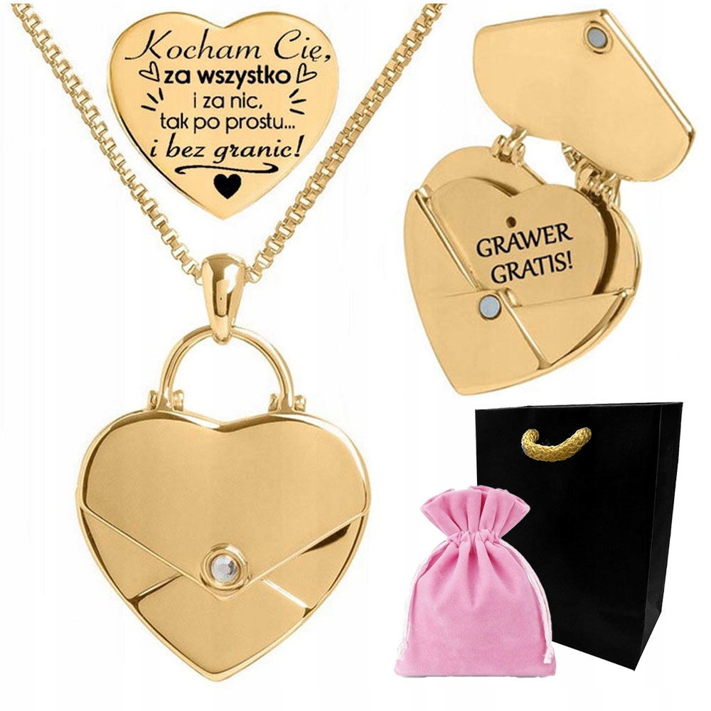 Naszyjnik z Grawerem koperta Serce Dla Niej złoty łańcuszek Grawer