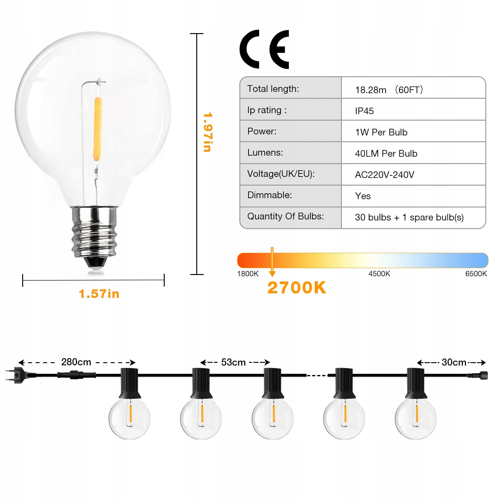 GPATIO Lampki LED Ogrodowe Girlanda 18M 30+1 Żarówki G40 IP45 Wodoodporna — miniatura 6