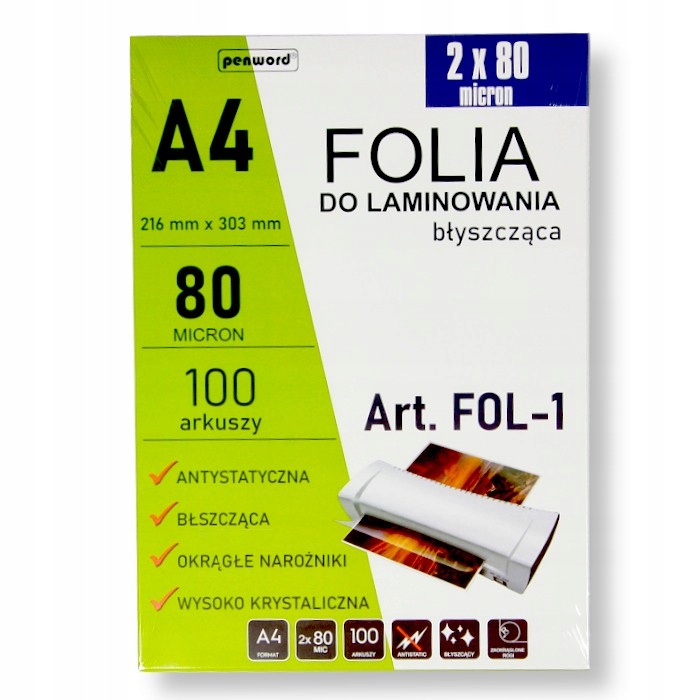 FOLIA DO LAMINOWANIA BŁYSZCZĄCA 100 arkuszy A4 2*80mic PW
