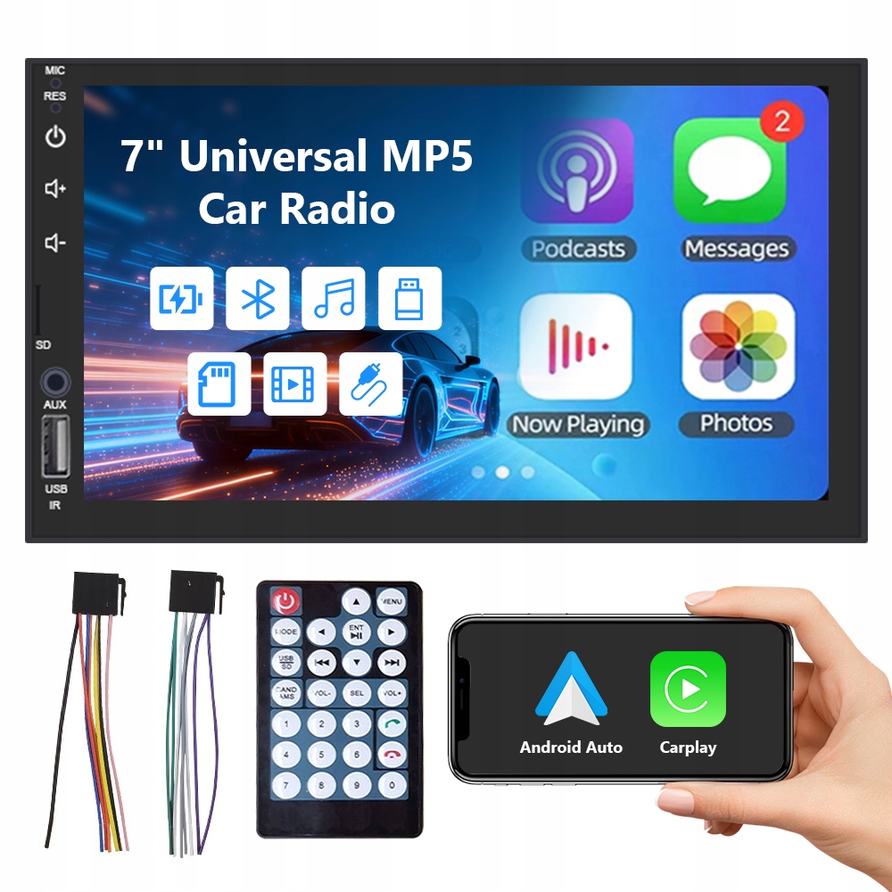 7palcové univerzální autorádio MP5 s bezdrátovým Carplay Android Auto Aux Usb Bt