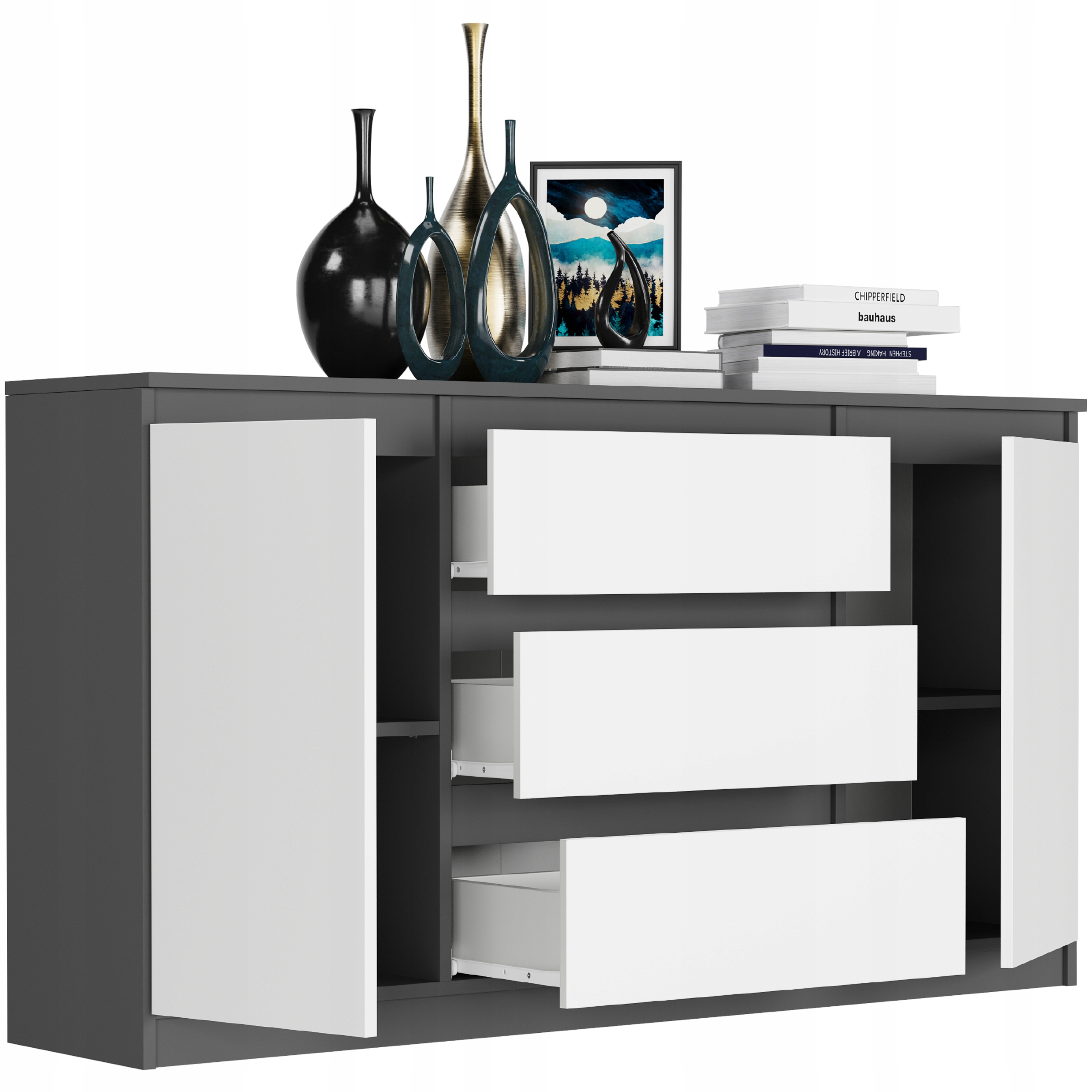 KOMODA 140 SZAFKA 3 SZUFLADY 2 PÓŁKI R-140-S3 ANTRACYT MIX