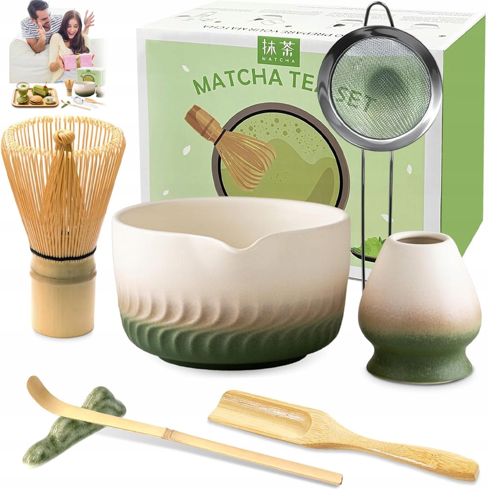 7 prvků Bambusová sada na matcha se sítkem a lžícemi Zelená dárek