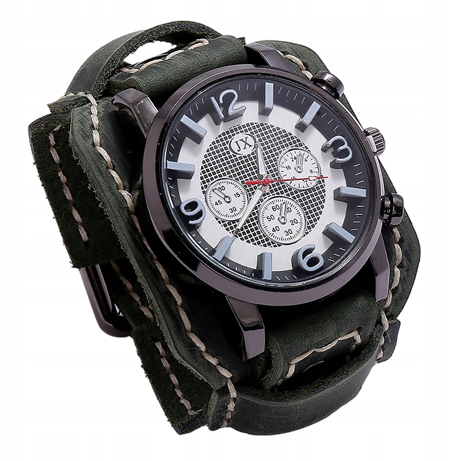 Punkowy zegarek retro z szerokim paskiem i mankietem w kolorze zielonym Materiał inny