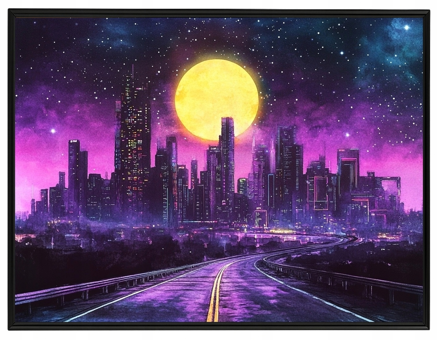 Plakát Rámeček Aluminium Cyberpunk Synthwave Město Mrakodrapy Cesta 80x60