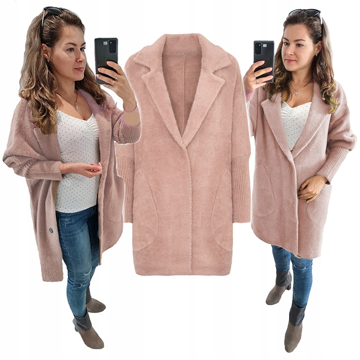 Duży Rozmiar 44-54 Płaszcz Alpaki oversize Pudrowy Róż