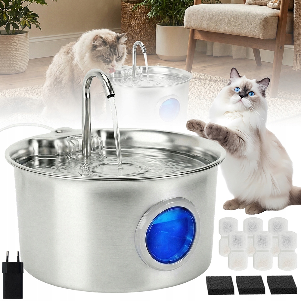 Fontána Napáječka Pro Kočky Psa 4 Filtry Vody 2.6L Nerezová Tichý Provoz