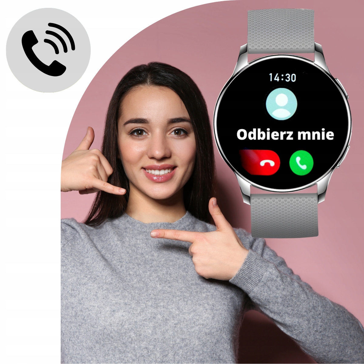 SMARTWACH DAMSKI z Funkcja Rozmowy Zegarek Srebrny Okrągły Polskie Menu PL Transmisja danych brak