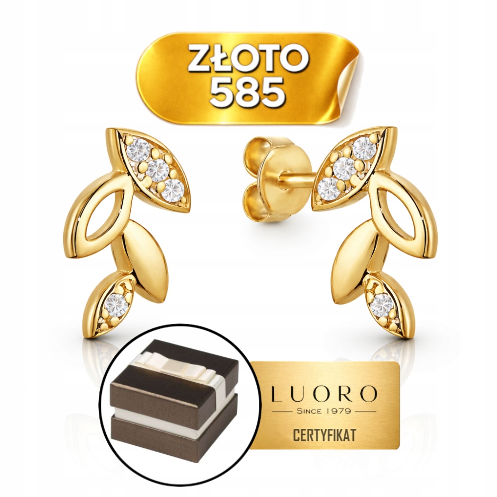 Náušnice Zlaté 585 14K Lístečky Se Zirkony Tyčinka Žluté Zlato 10 MM