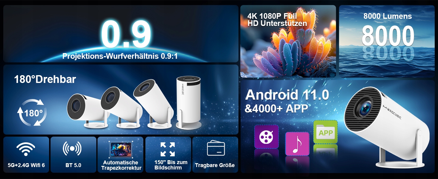 Projektor 4K ,WiFi6 Bluetooth 5.0 Android 11,Smart Projector,Magcubic HY300 Żywotność lampy w trybie ekonomicznym 50000 h