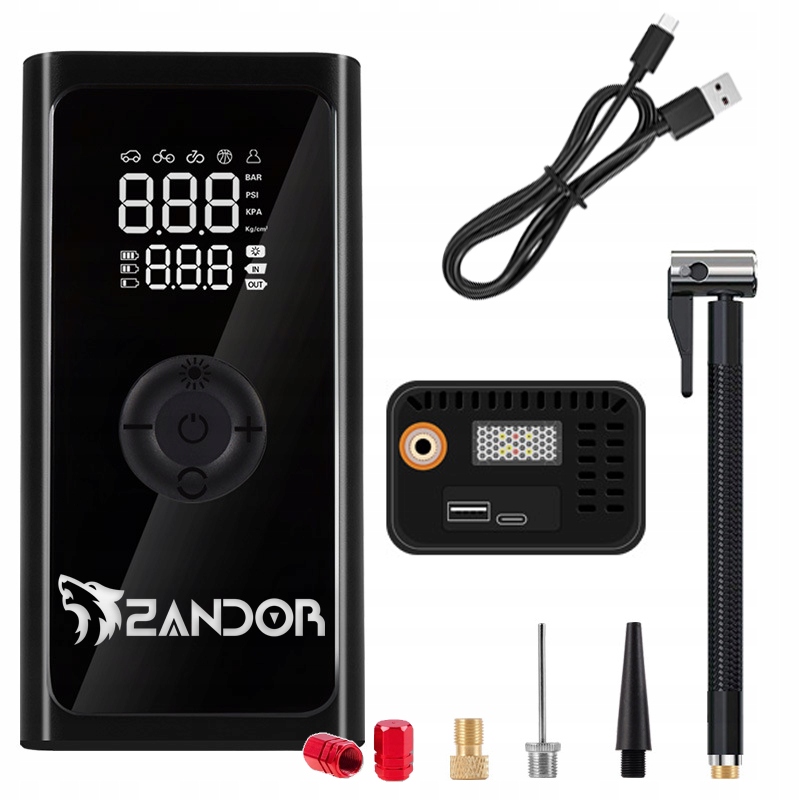 POMPKA ROWEROWA AKUMULATOR KOMPRESOR SAMOCHODOWY POWERBANK LATARKA WENTYLE