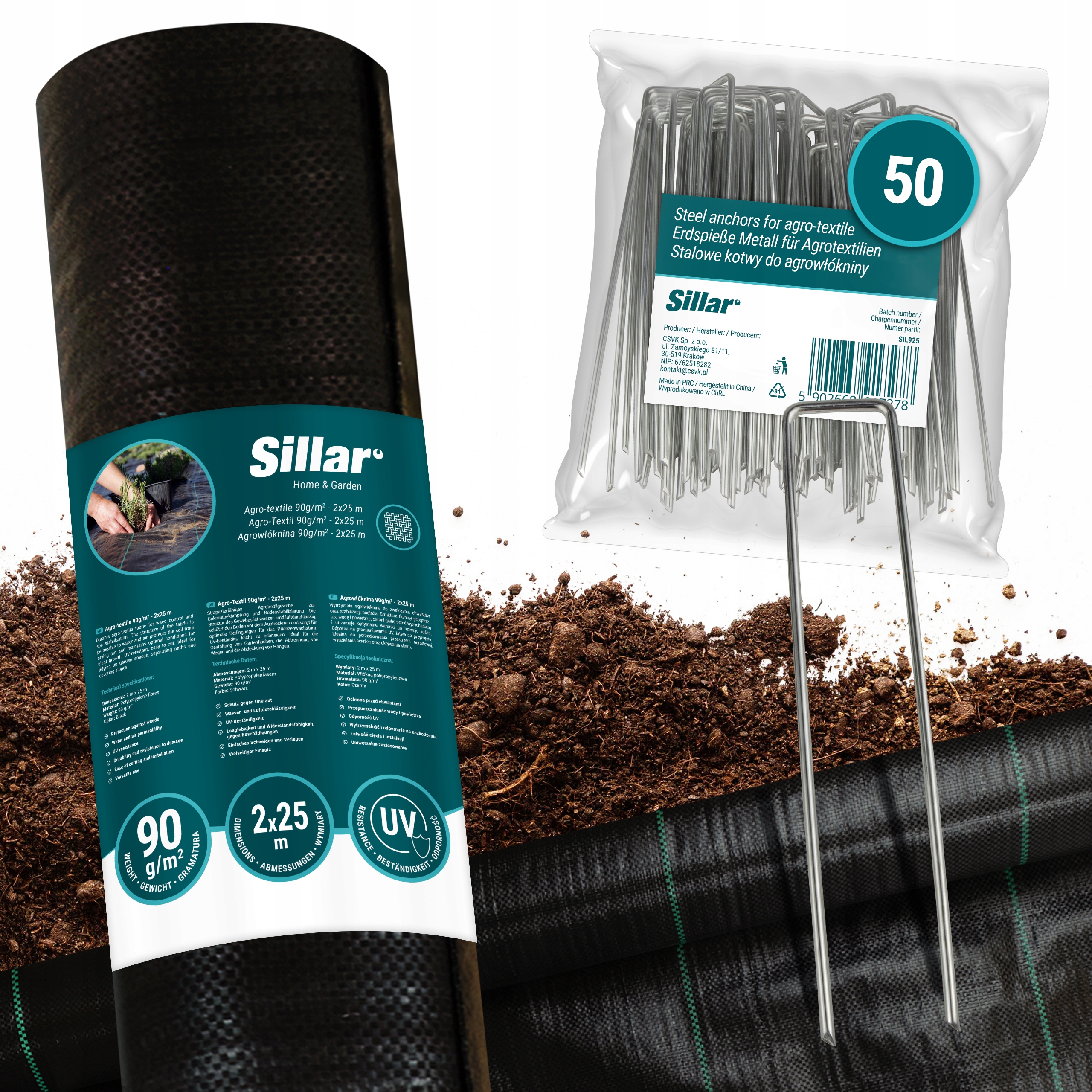 Gruba mocna agrowłóknina agrotkanina 90g 2x25m stalowe metalowe kotwy x50