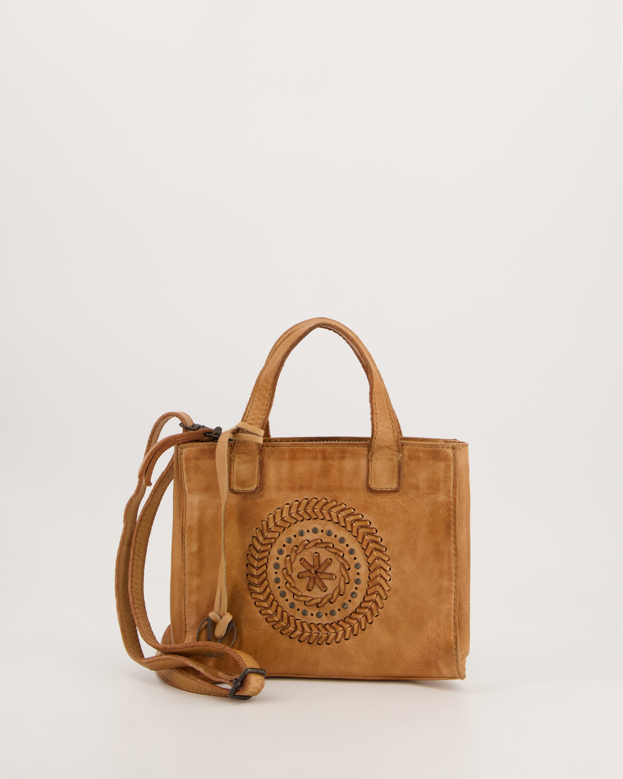 Mała Skórzana Damska Torebka Venezia Beżowa Z Plecioną Ozdobą