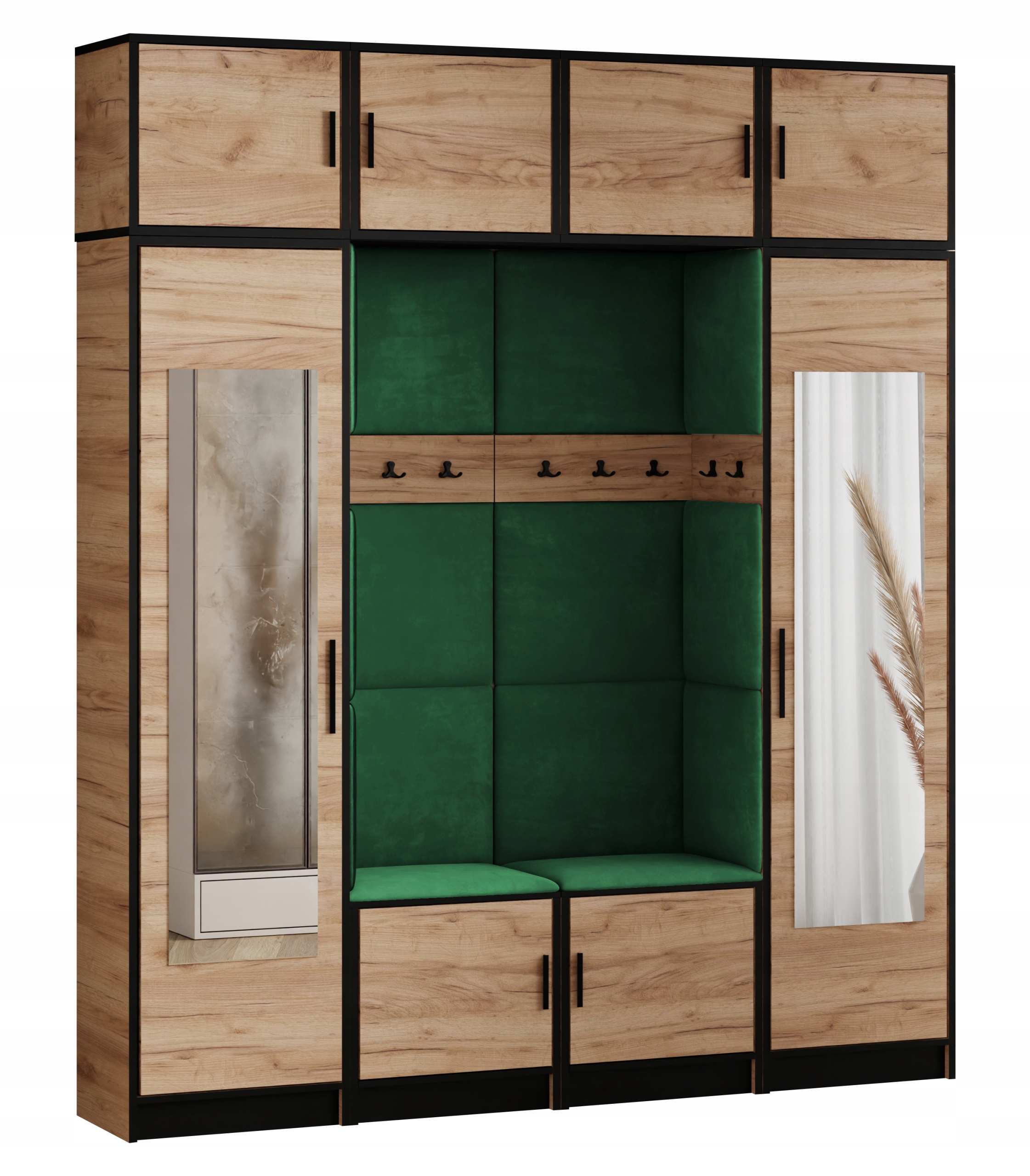 Šatní skříň s nástavcem Dior 18 dub craft zlatý zelená tkanina sedák