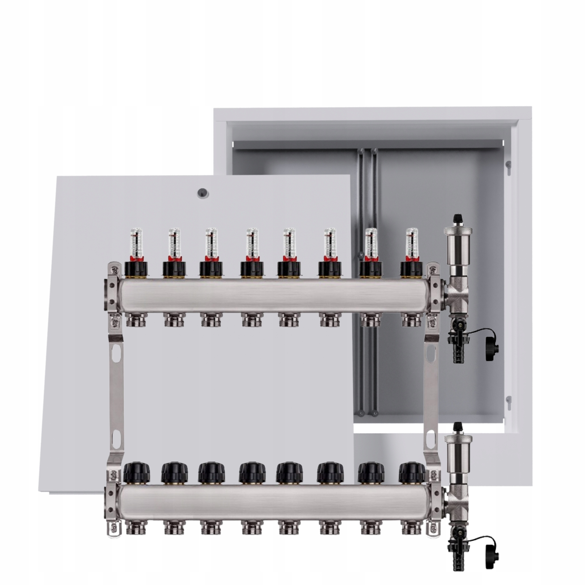 Nerezový rozdělovač pro podlahu 8 okruhů s nástěnnou schránkou