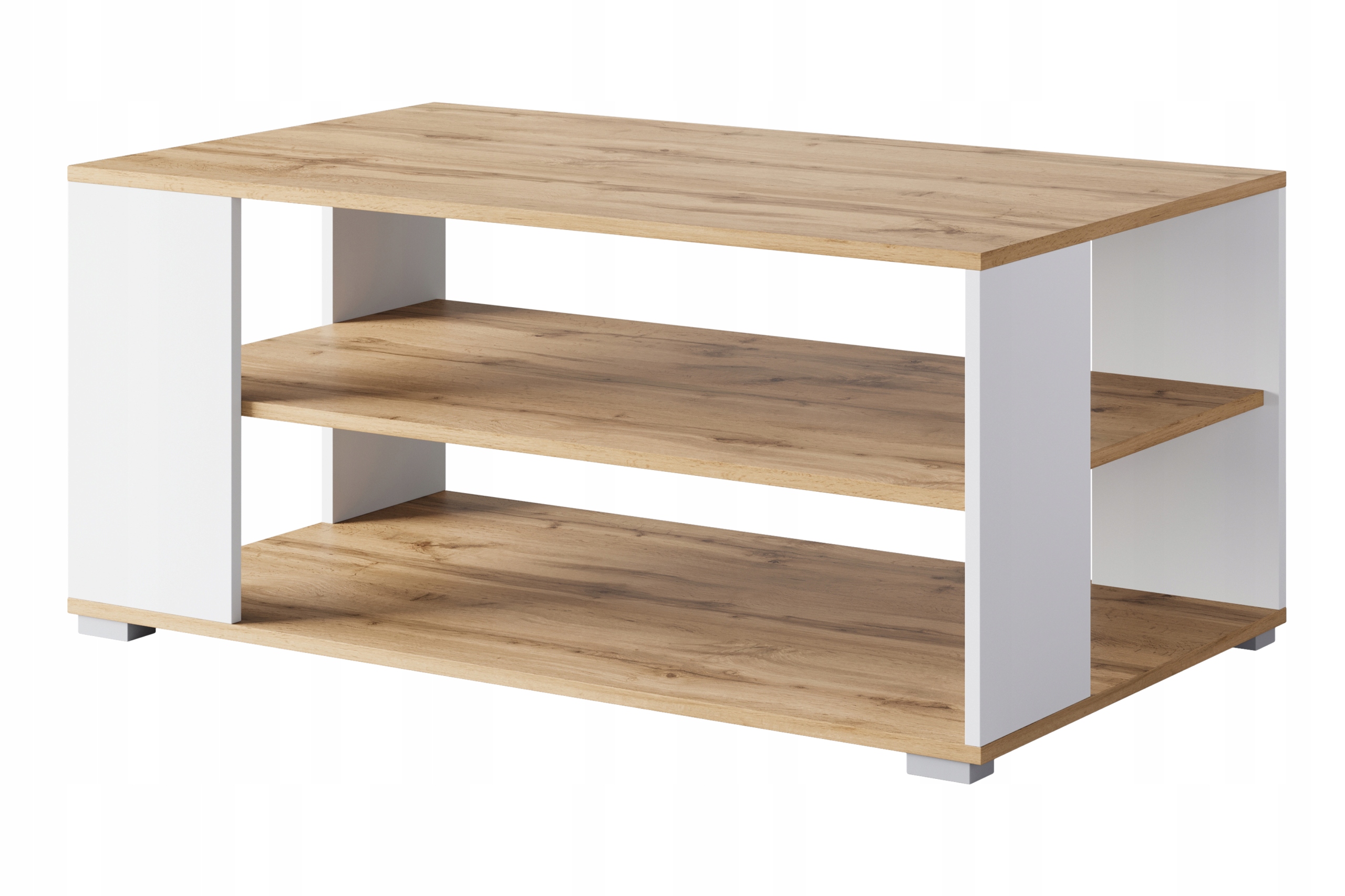 Moderní jednoduchý obdélníkový konferenční stolek s policemi 100 cm dub wotan bílý