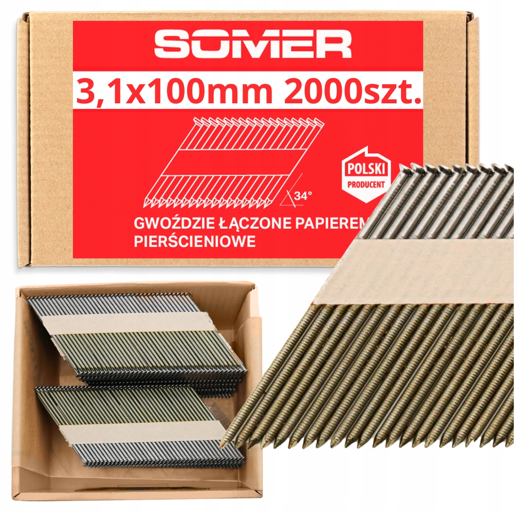 Gwoździe do gwoździarki łączone papierem pierścien. 3,1x100 R2000szt. 34°