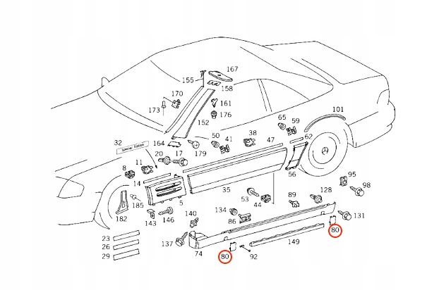 MERCEDES SL R129 90-95 OSŁONA ZAŚLEPKA PROGU 4szt. Numer katalogowy części 1296980030
