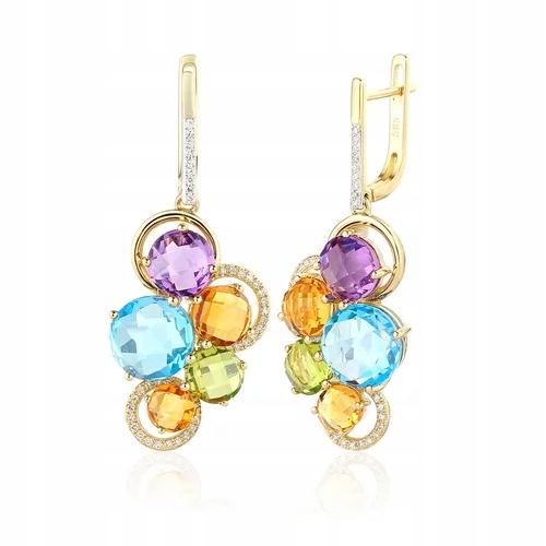 Zlaté 585 Náušnice Ametyst Topaz Citron Brilianty