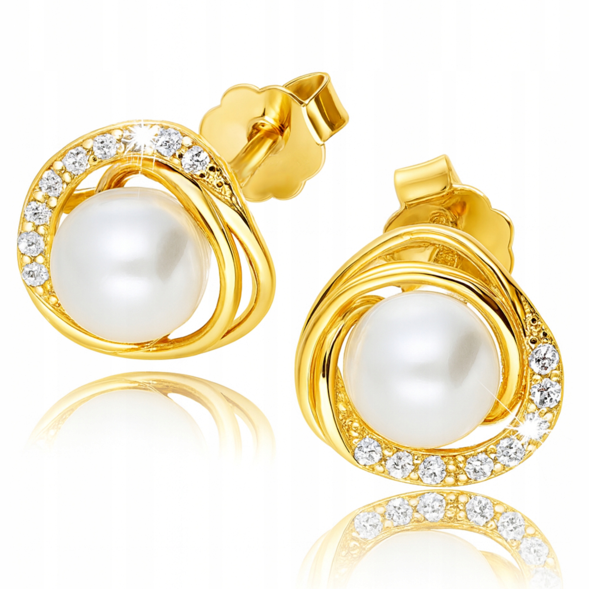 Złote Kolczyki 925 Perły Sztyfty Wkręty z Cyrkoniami złocone