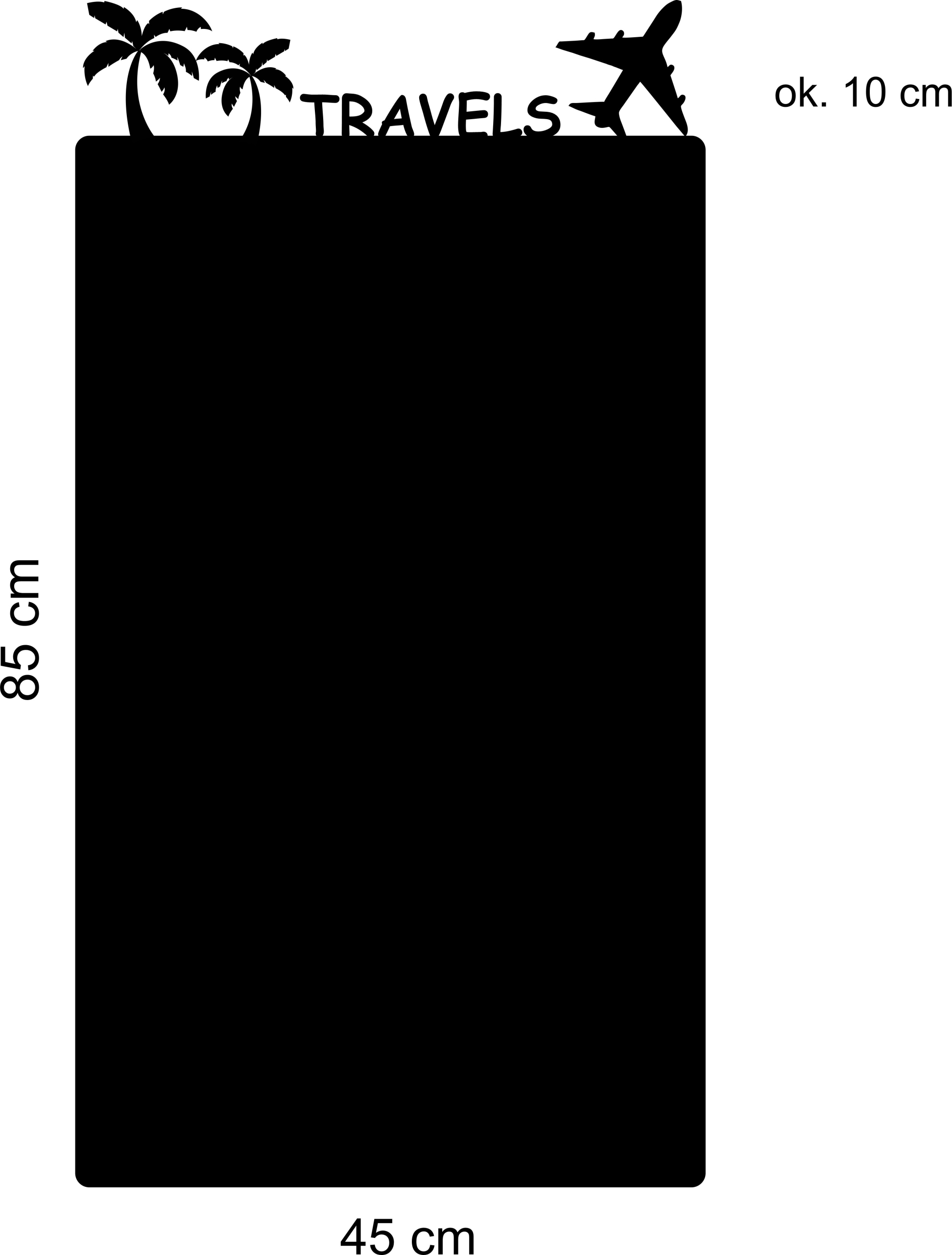 Kovová tabule na magnety obdélník Travels letadlo palma černá 85x45 cm