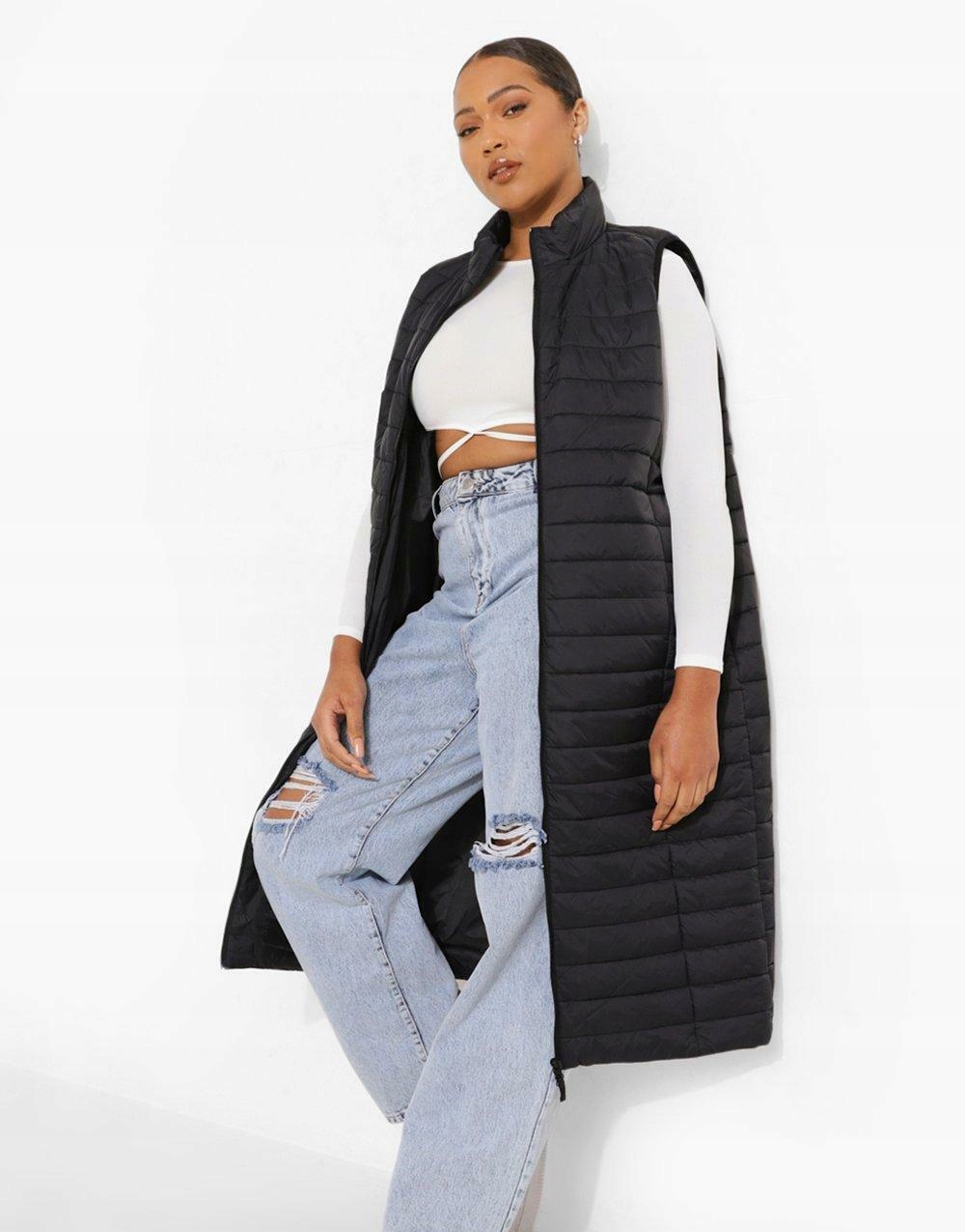 CZARNA DŁUGA KAMIZELKA BEZRĘKAWNIK PIKOWANY OCIEPLANY ZE STÓJKĄ BOOHOO 46 Rozmiar 46