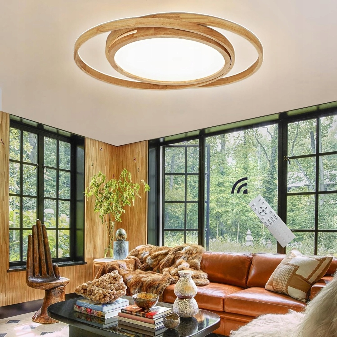 Led stropná lampa, drevo, 52 cm, 2 okrúhle krúžky, s diaľkovým ovládaním