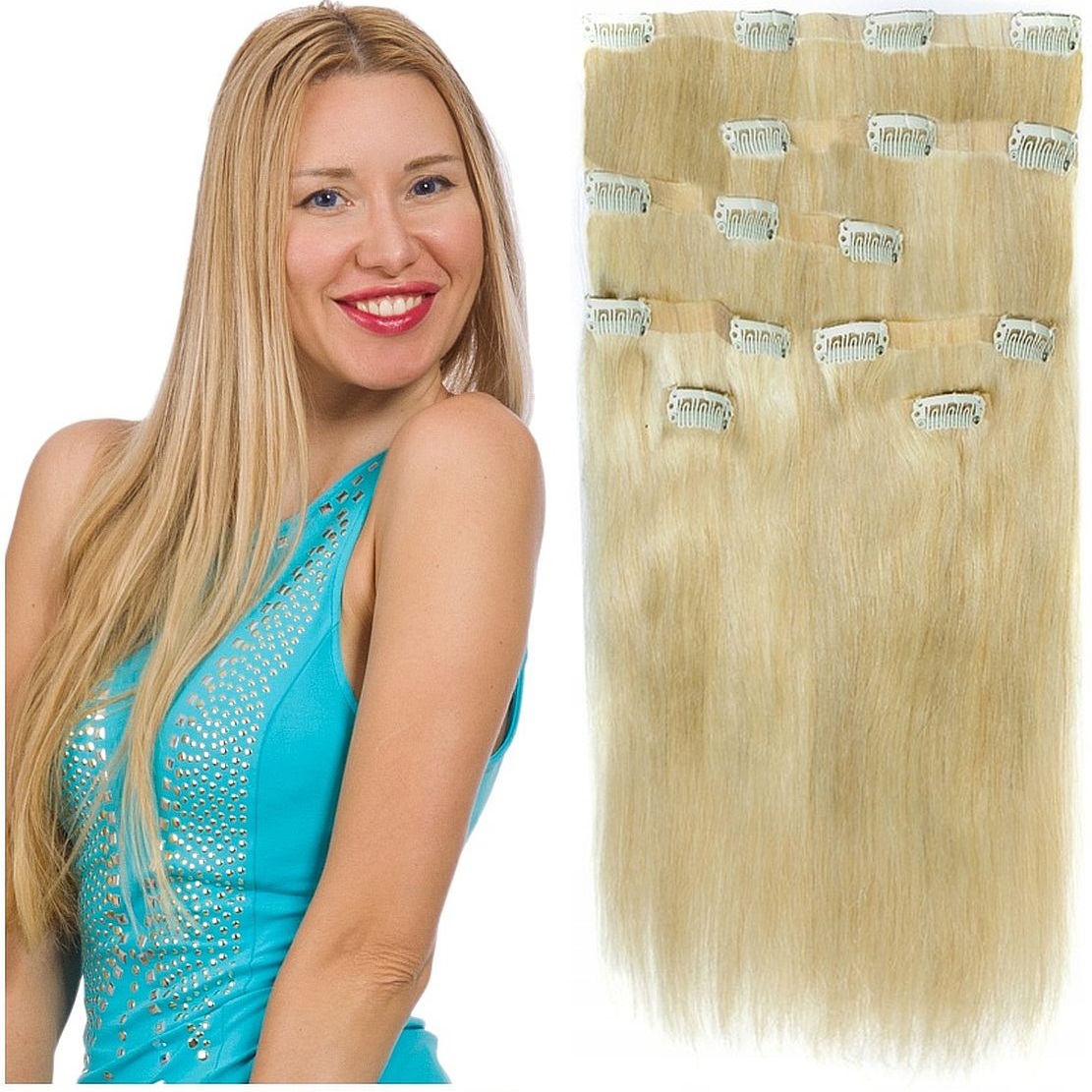Bezešvé Clip-in 50 CM 140 G Přírodní Vlasy 8 Pásků světle blond 22