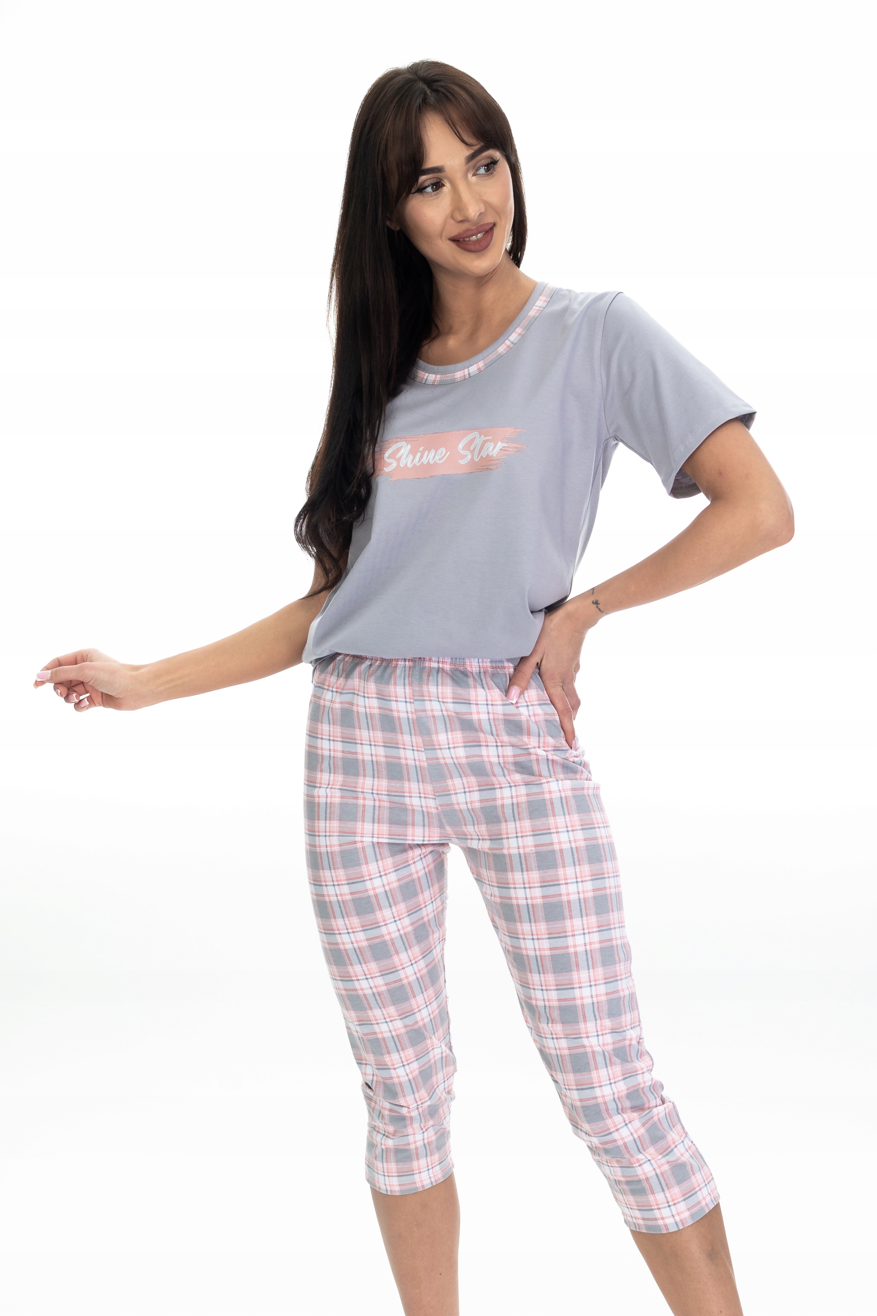 BAWEŁNIANA PIŻAMA DAMSKA LATO KUBA KRATKA SZARA L Marka Kuba