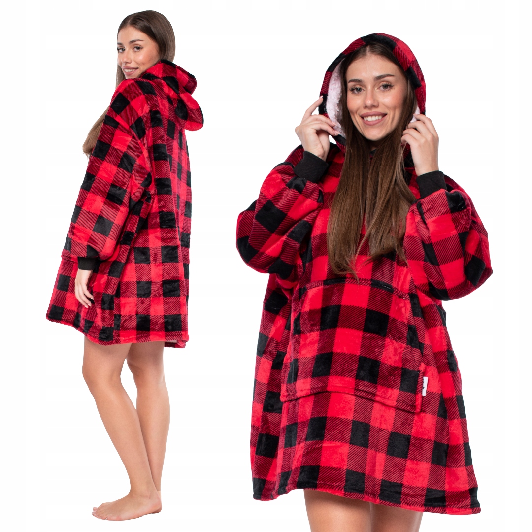 Mikina Deka Mikinová Deka 2v1 Oversize Kapuce Tlustá Sherpa Černo-červená