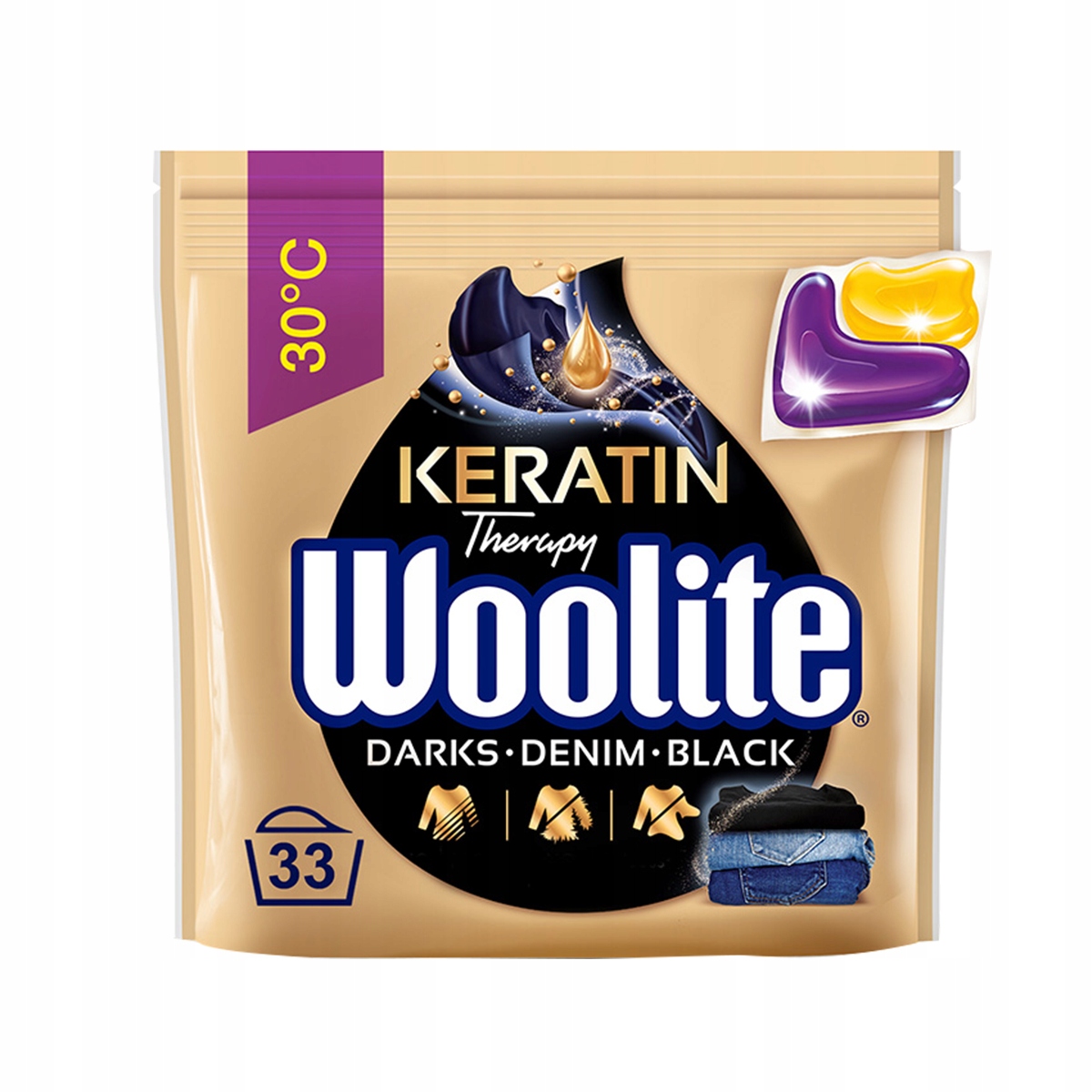 Levně Gelové kapsle na praní s keratinem, černá, tmavé barvy & džíny Wooli